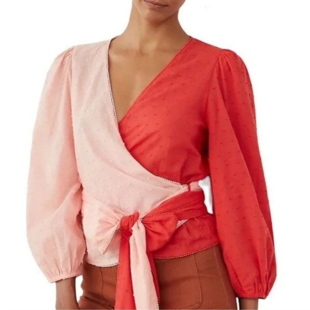 Farm Rio for Anthropologie Red Pink Swiss Dot Wrap Top XS Crochet Lace Bohemian